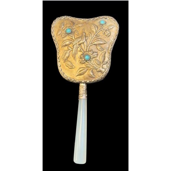 Vintage White Jade Hand Mirror Asian Bird Floral - Picture 2 of 10